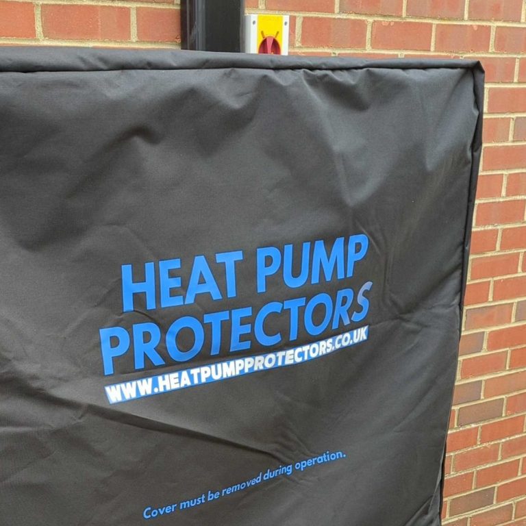 Black protective cover for a heat pump, featuring blue text branding.
