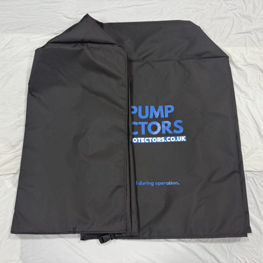 A folded black cover with blue text, marked “PUMP PROTECTORS"